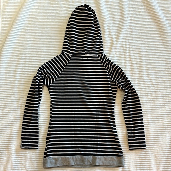 Ampersand Double Hoodie Black White Gray Stripe Baseball Style Tunic Sweatshirt - Picture 11 of 13